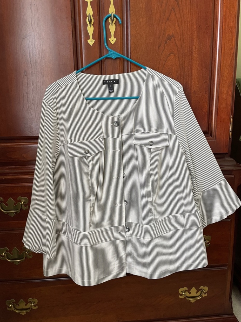 Tribal Gray and White Striped Button-Front Jacket